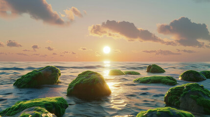 A serene seaside sunset scene with moss-covered rocks dotting the sandy shore, illuminated by the warm hues of the setting sun.
