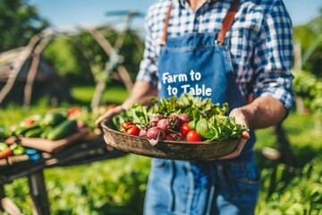 A chef, wearing an apron that reads Farm to Table, proudly holds a wooden bowl filled with freshly picked vegetables in a lush garden.