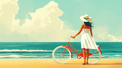 Calm romantic illustration of a woman with a bicycle in a white dress and hat on the seaside, concept of easy calm eco-life, tourism and recreation, hope and calm