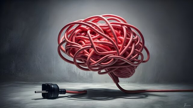 A brain with a red cord attached to it and a plug connected to it.