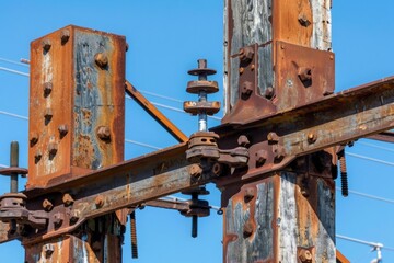 A close-up of weathered, rusty metalwork on a structure, showing intricate details of bolts and a hinge.
