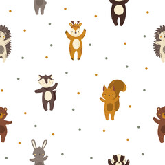 Seamless pattern. Vector illustration with forest animals. Raccoon. Baby animals. Large set for clipart. Set of animals in cartoon style on a white background.