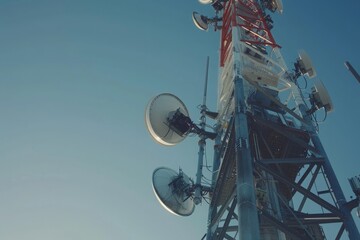 A low-angle shot of a communication tower reaching towards a clear blue sky.