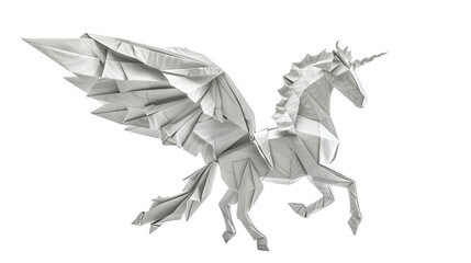 Obraz premium A white, winged unicorn in a low-poly style. It is a magical creature with a horn on its forehead and wings on its back.