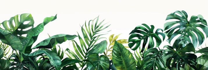 Lush tropical foliage on a clear background - An assortment of vibrant green tropical leaves and plants isolated on a clear, white background