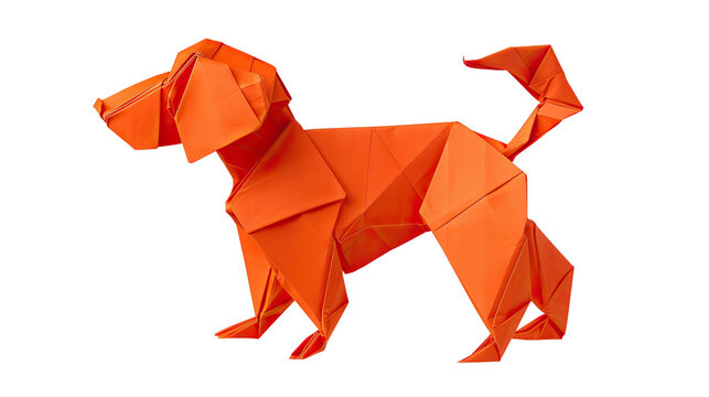 A vibrant orange origami dog, crafted from paper, stands against a black background. The folded paper creates a playful and abstract representation of a canine.