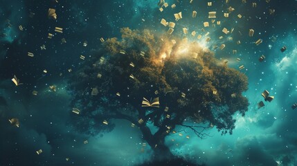 Book Tree: A tree with books hanging from its branches, symbolizing knowledge and education. ::3 higgs boson ::3 --ar 16:9 --quality 0.5 Job ID: 3947220a-0e87-45c5-ab85-029e80dbf043