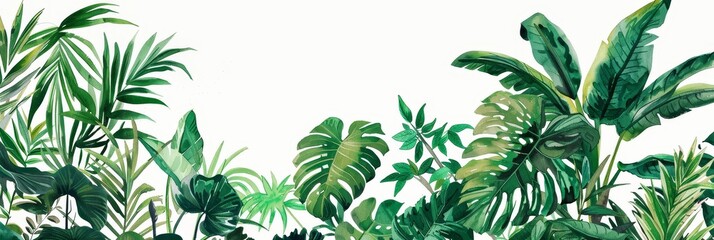 Exotic tropical leaf arrangement border - Artistic arrangement of diverse tropical leaves creating a stylish border on a white background with a contemporary flair