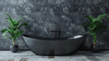 A modern bathroom with a black freestanding bathtub, green plants, and a textured concrete wall