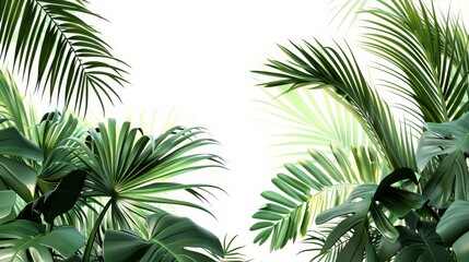 Fototapeta premium Lush tropical leaves corner arrangement - Green tropical leaves from various plants arranged in corners, giving a fresh and natural look