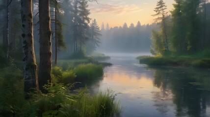 Obraz premium a peaceful riverside forest at dawn