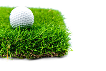 Golf ball on green grass field isolated on white background