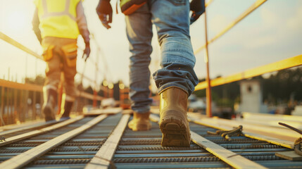 Workers walking purposefully along a metal framework on a construction site at sunset, highlighting dedication and hard work.