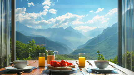 A serene breakfast setup with fresh fruit and juice, set against a panoramic view of majestic...