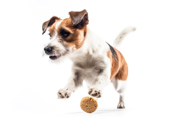 A cheerful Jack Russell dog jumps with his tongue out for food. White background isolate and close-up. AI generated.
