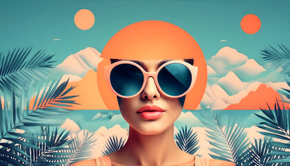 frau, sonnenbrille, insel, collage, insel, beach, palmen, neu, vibrant, popart, model, retrostyle,...