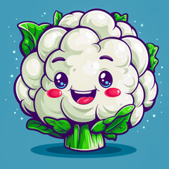 Obraz premium Kawaii Cauliflower. Generated image. A digital illustration of a cute, wet cauliflower in a kawaii art style.