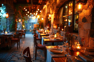 Traditional pizzeria restaurant, modern European interior. Romantic architecture of the food hall. AI generated.