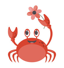 Vector red crab on whitebackground. Cute cartoon crab with flower.