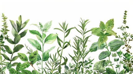 Fototapeta premium Assortment of green plants and herbs - Various green plants, herbs, and foliage artistically arranged to create a botanical showcase