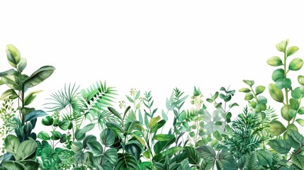 Obraz premium Green leafy plants on white backdrop - Various shades of green leafy plants create an appealing border against a white background with a fresh minimalist design