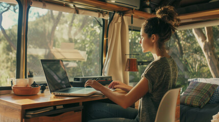 Fototapeta premium A focused woman working on a laptop in a serene van office setting, surrounded by the calming sights of nature through the window.
