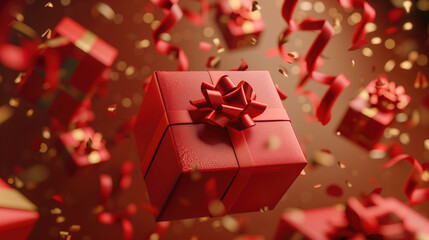 Floating red gift boxes. Multiple red gift boxes with ribbons floating in the air. Holiday celebration and gift-giving concept.