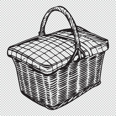 Drawing of realistic picnic basket, black vector illustration on transparent background