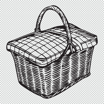 recommend clip art: Drawing of realistic picnic basket, black vector illustration on transparent background