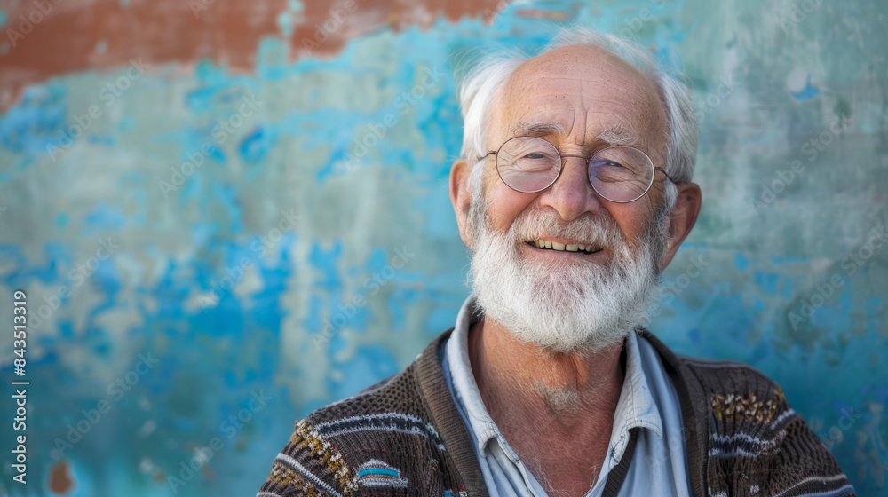 Wall mural an elderly man with a white beard and glasses smiling warmly, standing against a weathered, colorful - Wall murals