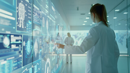 A team of medical professionals interacts with large, transparent touchscreens displaying detailed medical data, immersed in a high-tech medical facility.