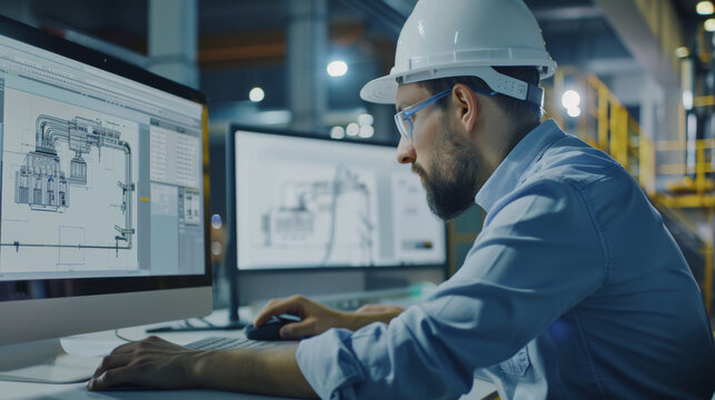 Focused engineer working on structural designs using a computer in an industrial setting.