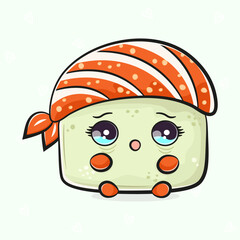 Scared Sushi character. Vector hand drawn traditional cartoon vintage, retro, kawaii character illustration icon. Isolated light green background. Cry Sushi character concept