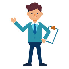 a dynamic flat-style vector illustration of a salesperson holding a clipboard and showcasing a product. Ideal for sales presentations, marketing materials, and business websites, this illustration add