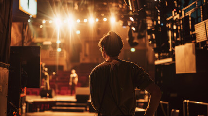 A person stands backstage, watching a theater performance in progress, under the soft, warm stage lighting.