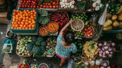 Fototapeta premium A colorful display of fresh market vegetables, arranged in baskets and crates, in a rustic market scene