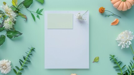 Blank paper sheet with decorations on pastel green background. Greeting card, invitation mockup. Place for inscription. Pumpkin, autumn flower. Modern Minimal business mock up, template. Top view note