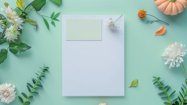 Blank paper sheet with decorations on pastel green background. Greeting card, invitation mockup. Place for inscription. Pumpkin, autumn flower. Modern Minimal business mock up, template. Top view note