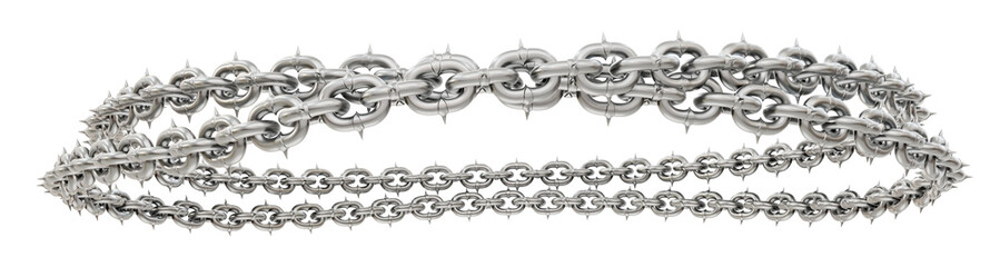 Fototapeta premium 3D render redefines steel chains. Sharp tips twist into unexpected forms, ideal for boundary-pushing art and fashion elements (transparent background).