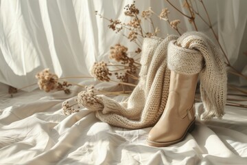 A pair of elegant vegan leather boots, paired with a cozy, sustainably-produced wool scarf, set against a neutral background with delicate shadows
