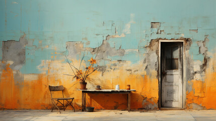 oil painting an orange wall with a window and a door 