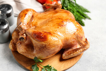 Tasty roasted chicken with parsley on light grey table