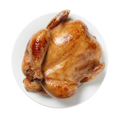 One tasty roasted chicken isolated on white, top view