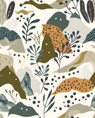 Naklejka premium Seamless pattern of abstract Scandinavian art print with blend organic shapes and elements