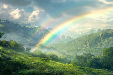 Obraz premium Rainbow over lush mountain landscape