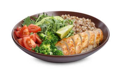 Healthy meal. Tasty vegetables, buckwheat and chicken breast in bowl isolated on white