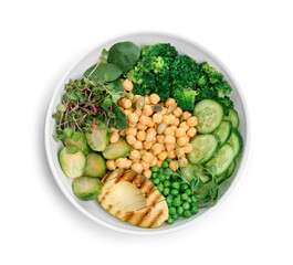 Healthy meal. Tasty vegetables and chickpeas in bowl isolated on white, top view