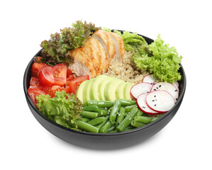 Healthy meal. Tasty vegetables, quinoa and chicken breast in bowl isolated on white