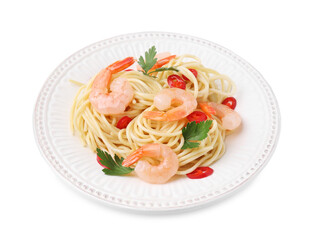 Tasty spaghetti with shrimps, chili pepper and parsley isolated on white