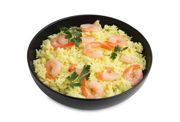 Delicious risotto with shrimps and parsley in bowl isolated on white